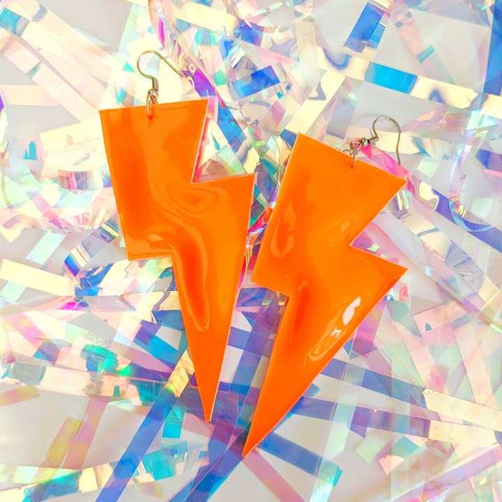 Large Neon Patent Orange Lightning Bolt Dangle Earrings for wholesale by All The Discos