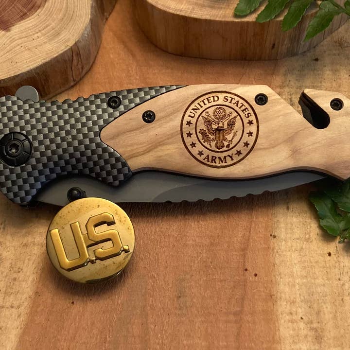 Army Circle Knife for wholesale by Quail Tail Laser Art