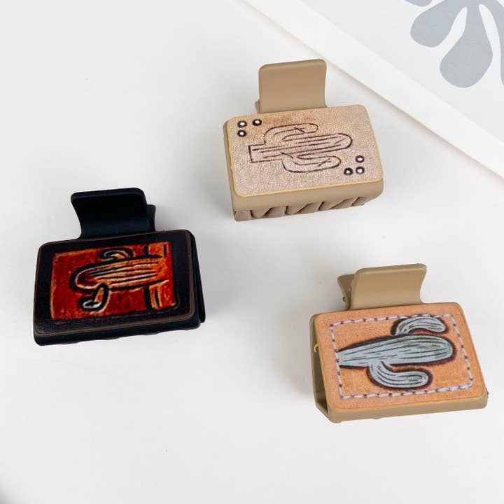 mildstyles - Wholesale Hair Clip - Women's - Western cowboy cacti PU leather square hair claw clip
