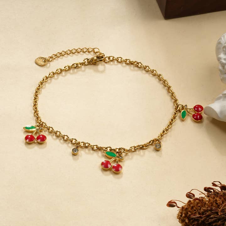 Trippel ankelkedja med körsbär och strass för wholesale av joya