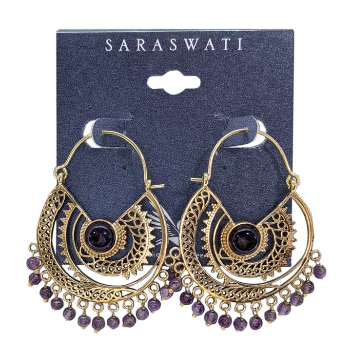 Brincos de Argola em Latão Grenoble Amethyst por atacado de Saraswati Imports