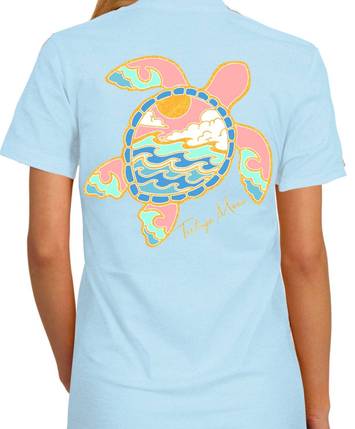 Southern Attitude - Wholesale Screen Printed T-Shirt - Women's - TS71 Wave Turtle - Chambray - Gold Outline