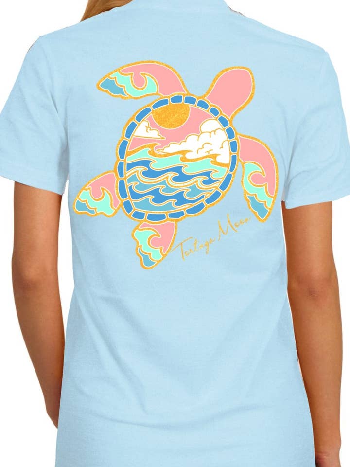 Southern Attitude - Wholesale Screen Printed T-Shirt - Women's - TS71 Wave Turtle - Chambray - Gold Outline0