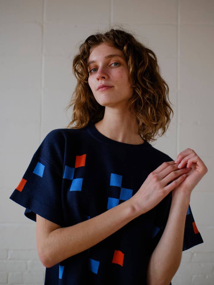 The Endery - Wholesale Knit Sweater - Women's - Albers Short Sleeve Sweater Tee- Indigo2