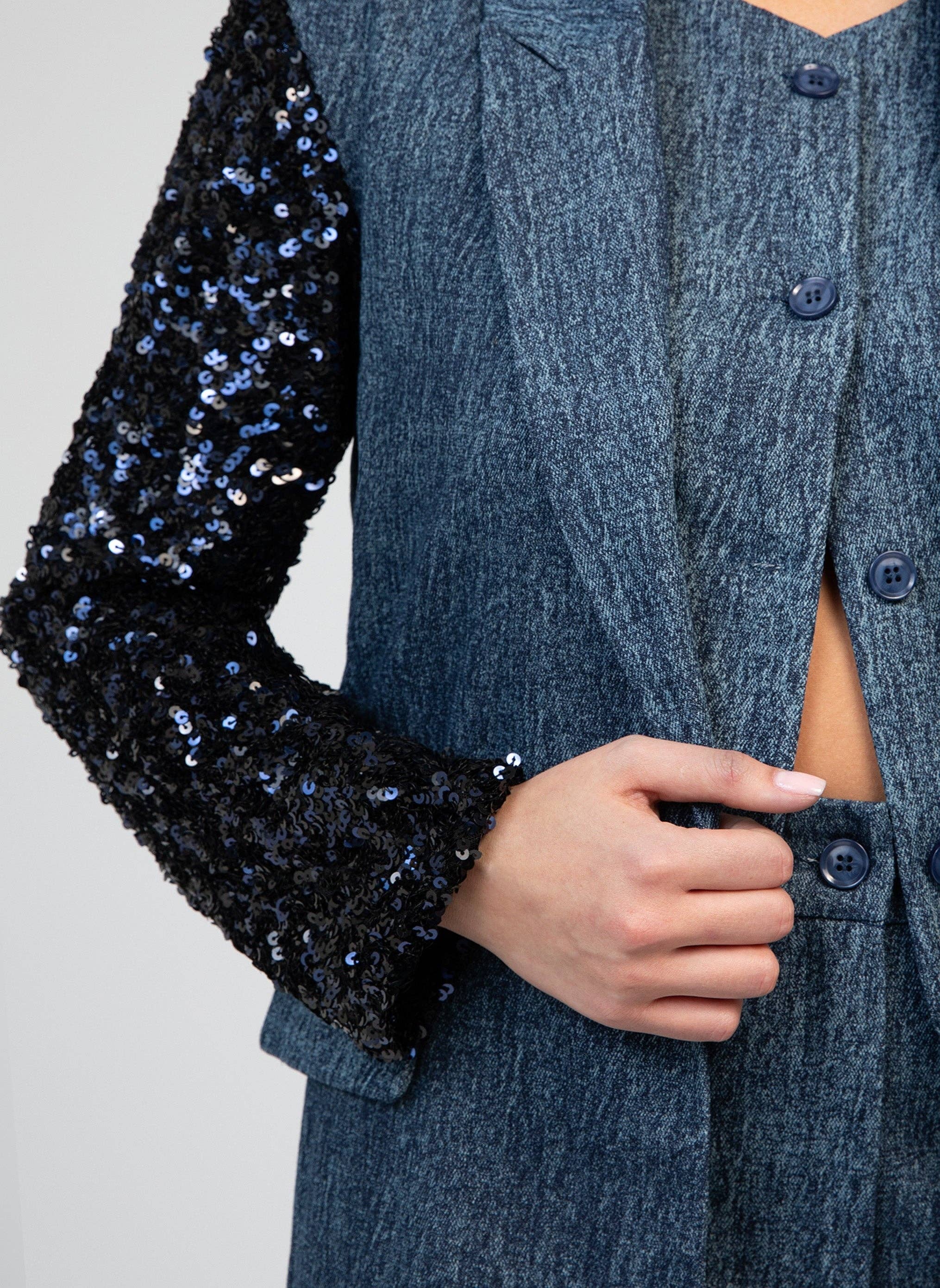 An'ge – Colete - Mulher por atacado – Blazer jeans HOWELA com manga de paetês2