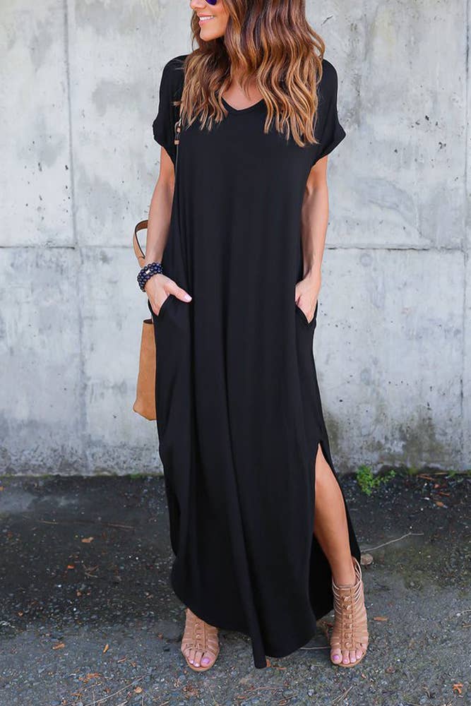 Black V Neck Split Maxi Dress ZZKF1107 for wholesale on Faire1