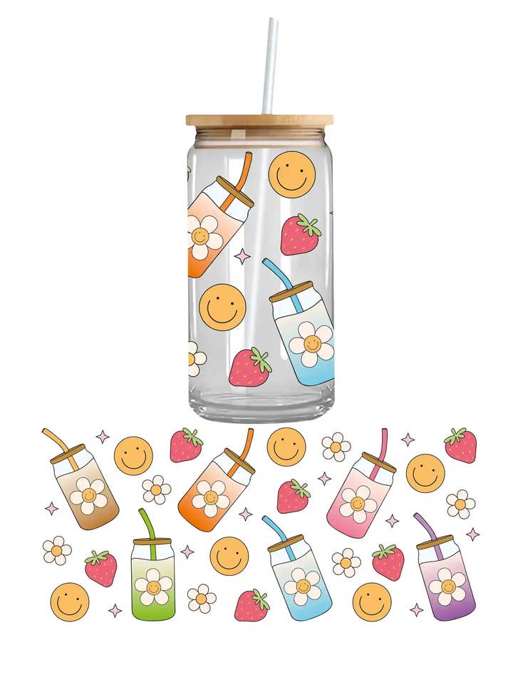 Smiley Drinks UV DTF Cupwrap per la vendita all'ingrosso da parte di Teddy Transfers