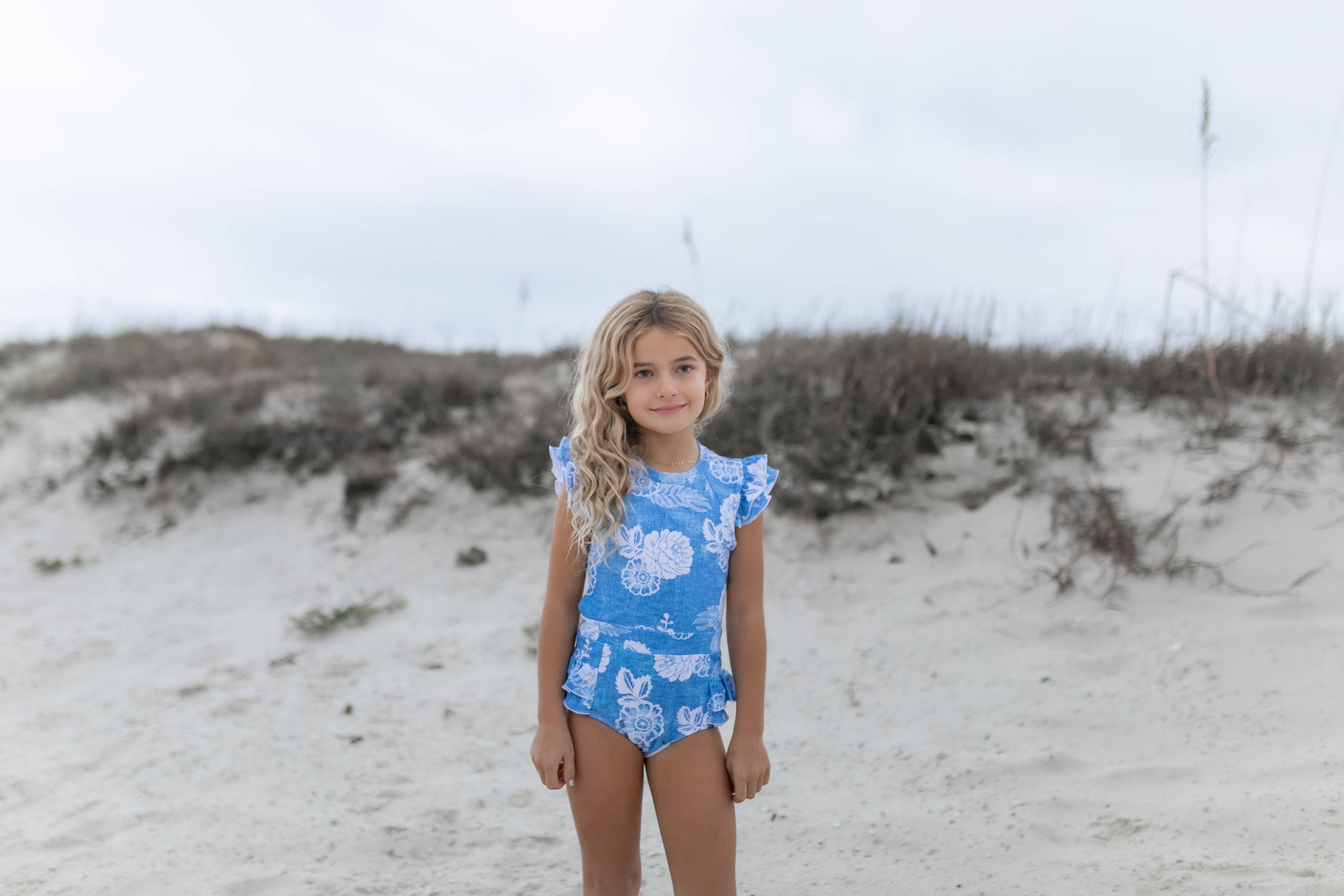 Oopsie Daisy - Wholesale One Piece Swimsuit - Kids - Kids Blue Floral Open Back One Piece Ruffle Swimsuit5