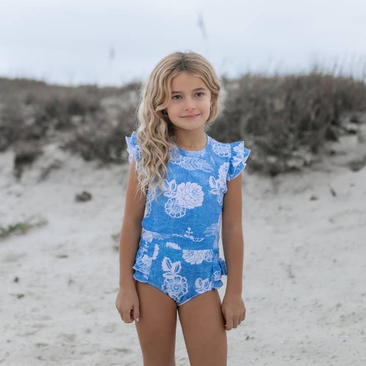 Oopsie Daisy - Wholesale One Piece Swimsuit - Kids - Kids Blue Floral Open Back One Piece Ruffle Swimsuit5