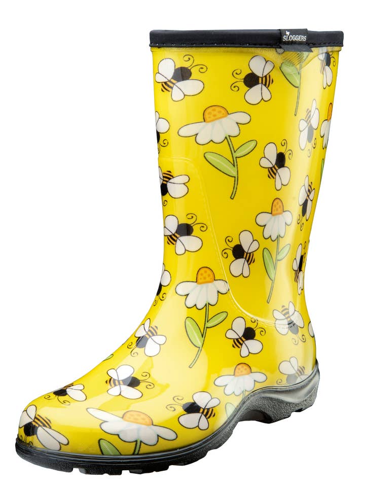 Sloggers – Galochas – Mulher por atacado – Bota Feminina de Chuva e Jardim Amarela com Estampa de Abelhas