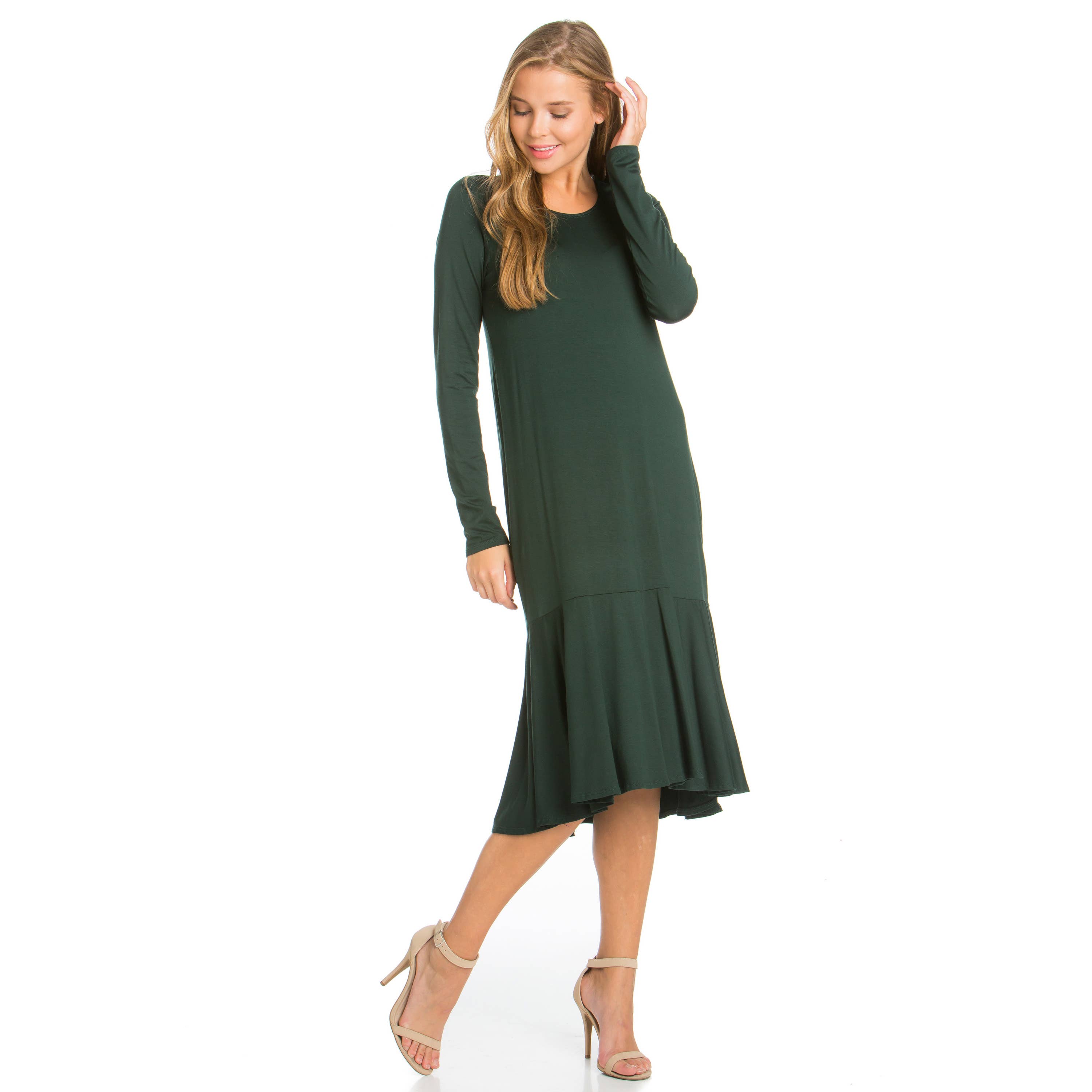 Azules Clothing - Wholesale Dress - Women's - ADM-8258RS Ruffle Hem Long Sleeve Midi Dress21