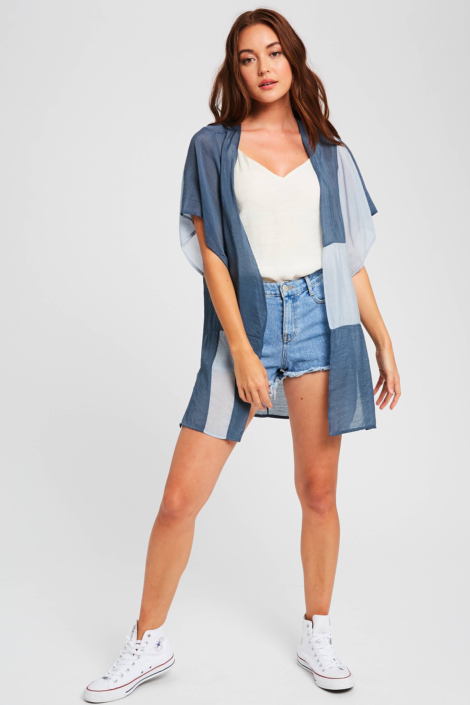 Listicle - Venta al por mayor Kimono - Mujer - Cárdigan Kimono de Bloques de Color Semitransparente7