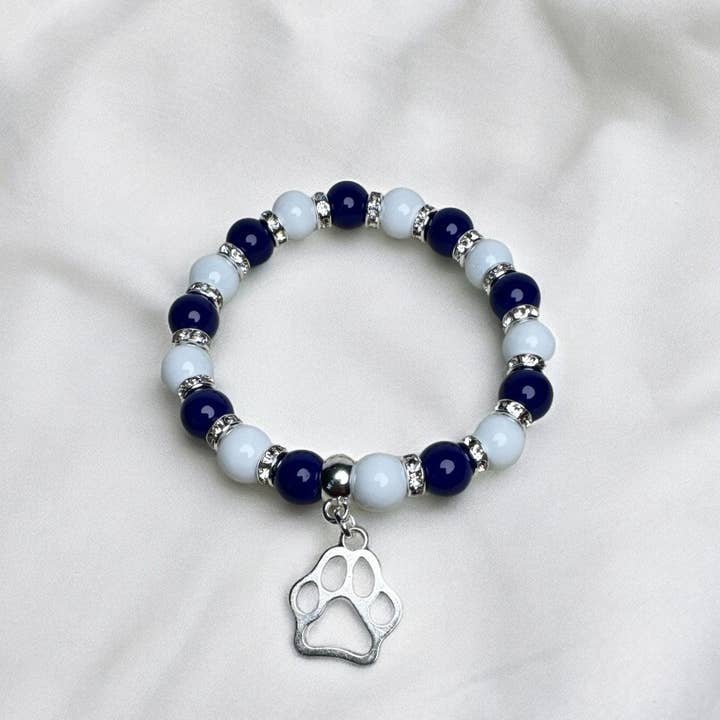 Fish Towne Designs, LLC - Wholesale Beaded Bracelet - Stretch Blue & White Glass Bead Sports Charm Bracelet
