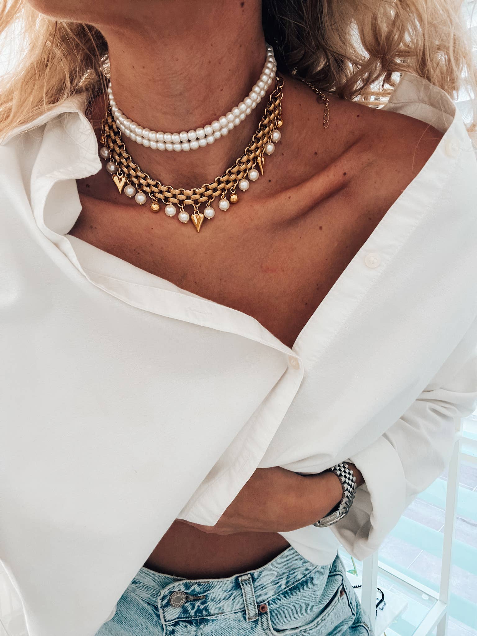 Goupi - Wholesale Choker/Collar - White pearls double choker and gold chain necklace7
