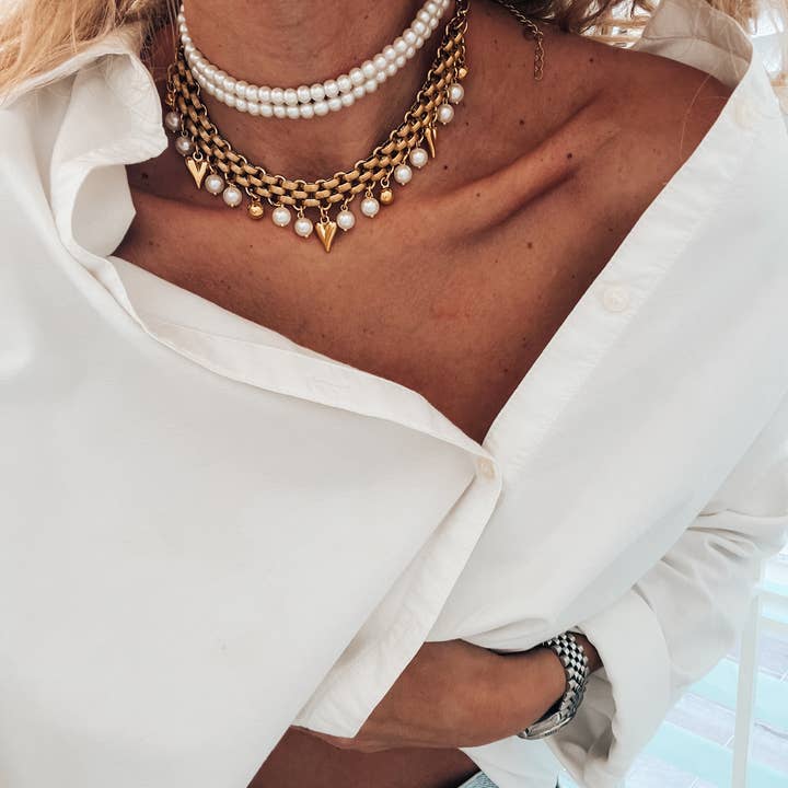 Goupi - Wholesale Choker/Collar - White pearls double choker and gold chain necklace7