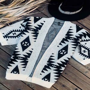 Aurora Aztec Print Fuzzy Knit Cardigan - Off White - Eleven Oaks