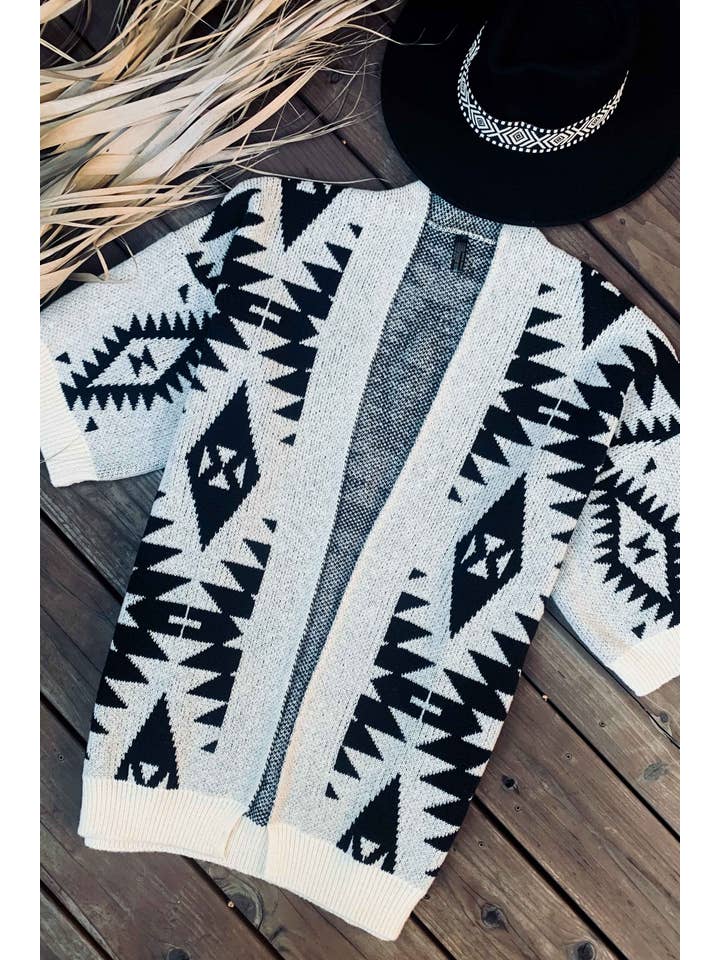 Cream Open Front Aztec Printed Knitted Cardigan for wholesale on Faire7