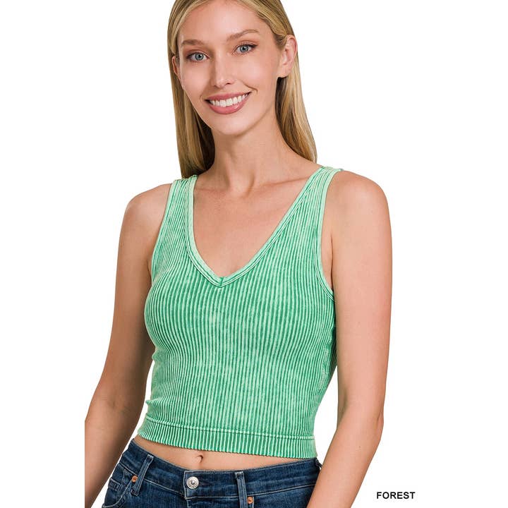 Apolline – wholesale Tank top – Women′s – WASHED RIBBED CROPPED BRA PADDED V-NECK TANK TOP ZENANA