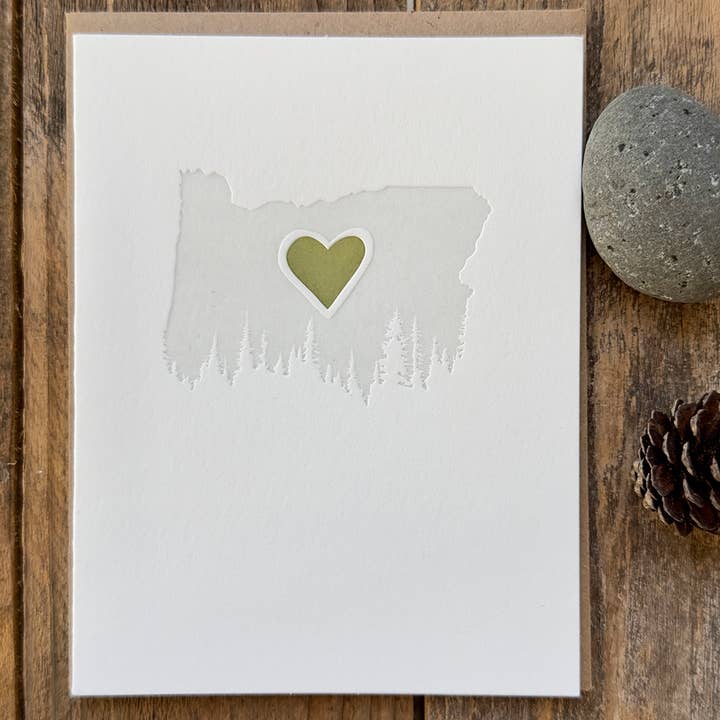 OREGON! Green Heart Letterpress Card for wholesale by Lark Press