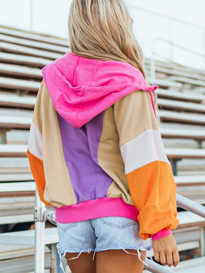 Grapefruit Orange FB Colorblock Patchwork Front Zip Up Hoodie for wholesale on Faire1