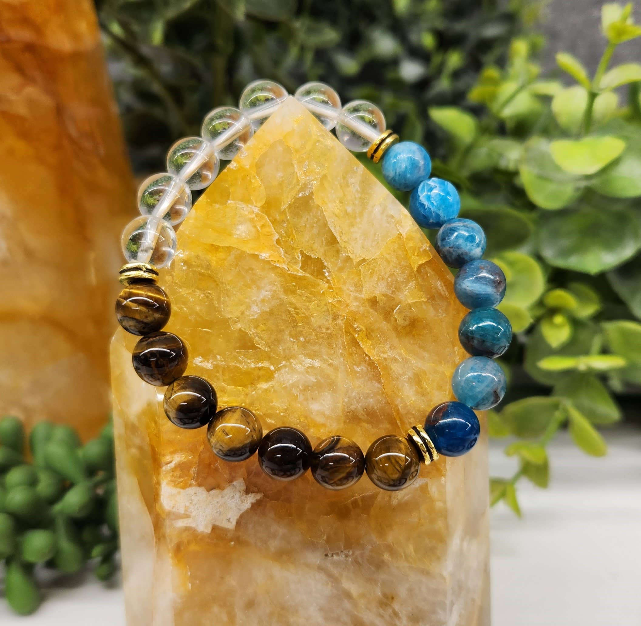 Meraki Gemstones – wholesale Pärlarmband – Viktnedgång - Armband med blå apatite, tigeröga och klar kvarts 8 mm2