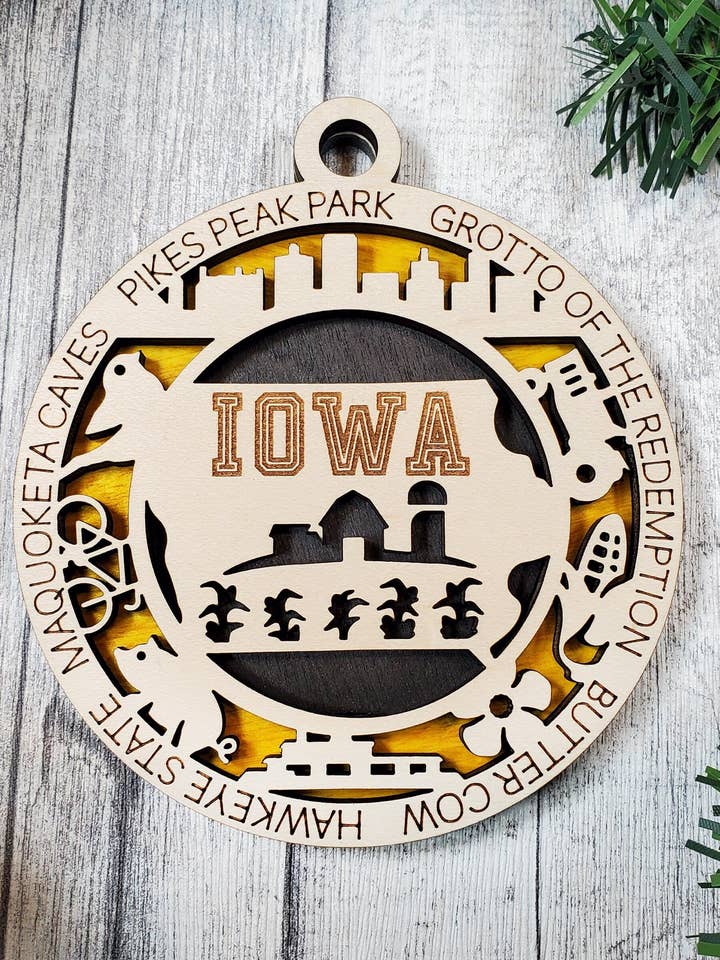 State Ornament - Wood USA Ornament - Christmas Ornament - Iowa Ornament for wholesale by Creekside Cottage Designs