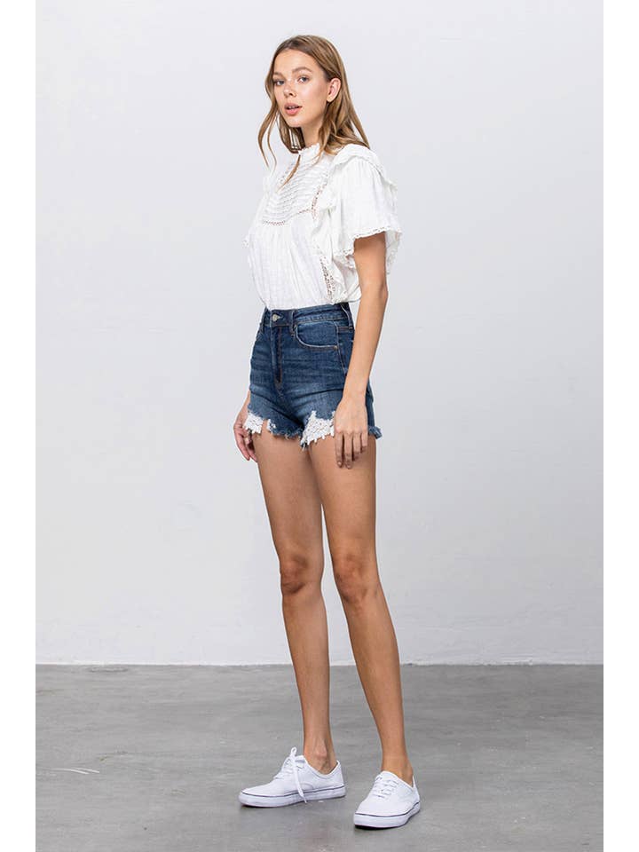 Insane Gene USA - Wholesale Shorts - Women's - High Rise Stretch Frayed Hem Lace Line Trim Denim Shorts