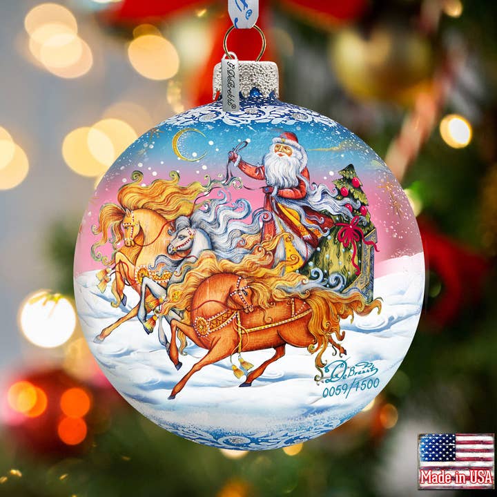 Sleigh Ride Glass Ornament, handbeschilderd LE van G.DeBrekht voor wholesale door G.DeBrekht Artistic Studios