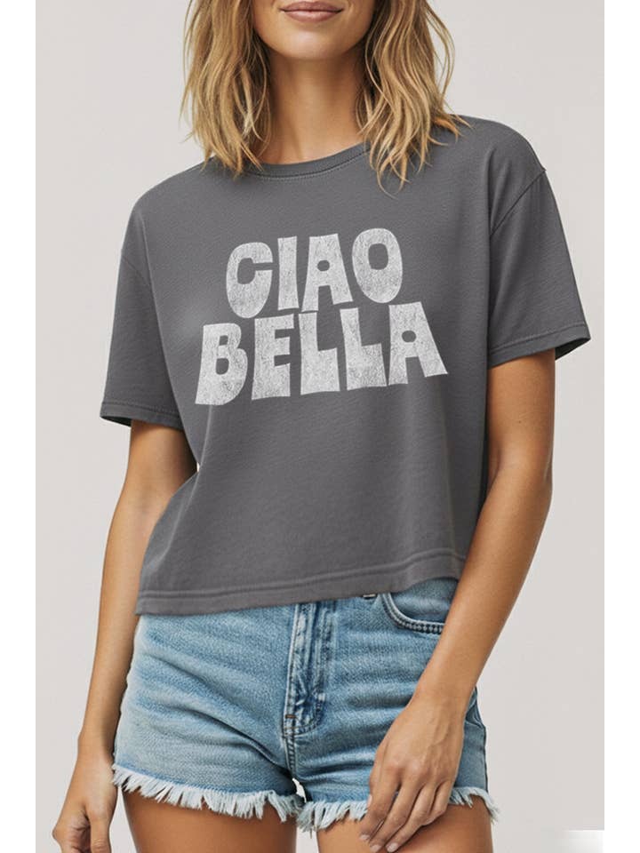 VINTAGE POINT USA - Wholesale Screen Printed T-Shirt - Women's - "CIAO BELLA" TYPOGRAPHY GRAPHIC BOXY CROP TOP5