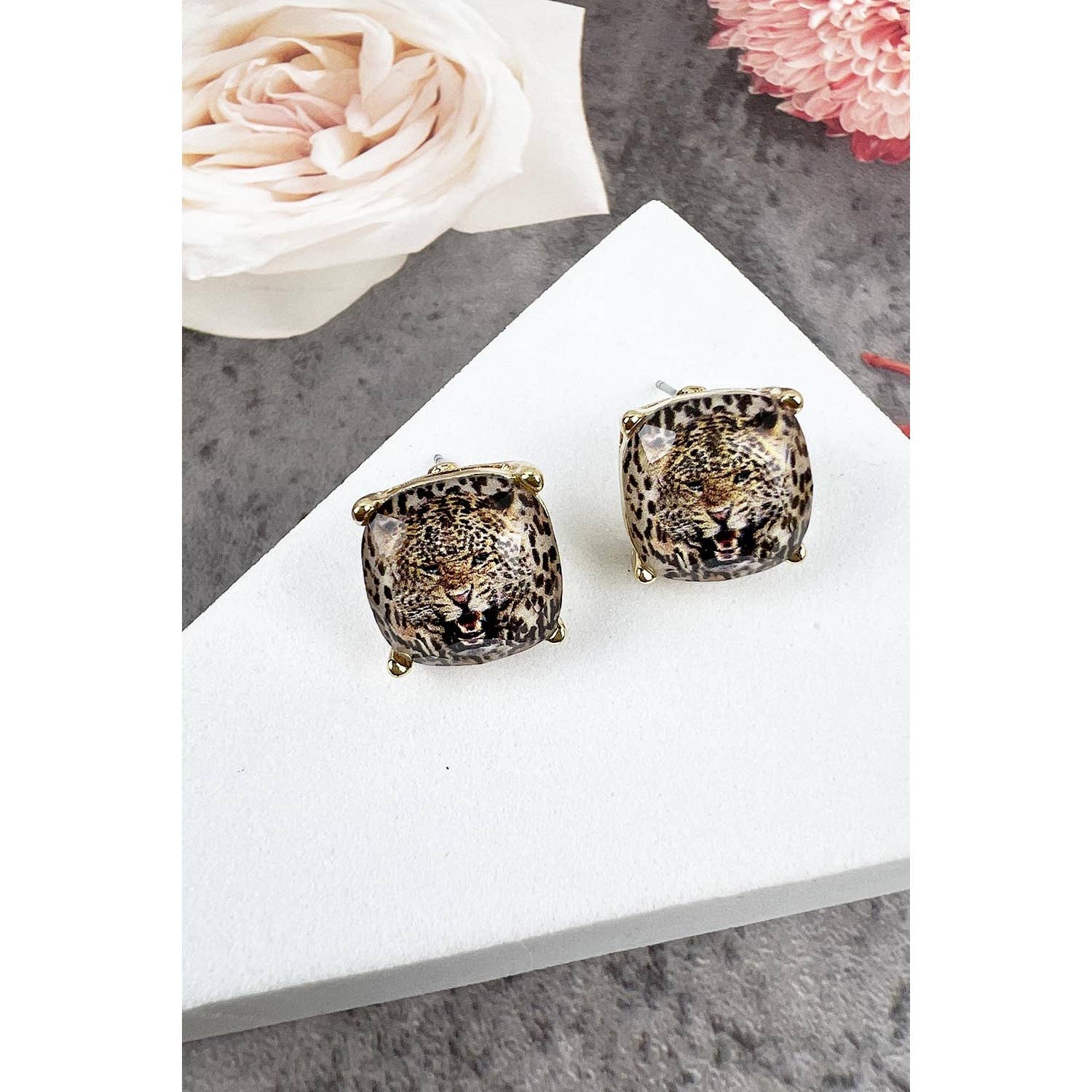 GOLD CUSHION CUT EPOXY CHEETAH PRINT STUD EARRING for wholesale on Faire0