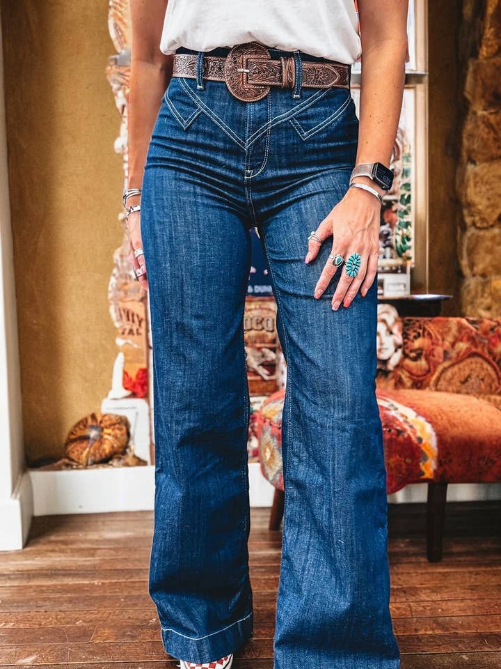 Stitched Waist Detail Loose Cuffed Jeans for wholesale by FULL TIME PURCHASE