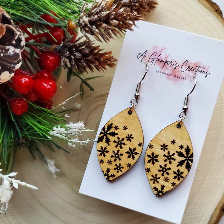 Snowflakes Wooden Pointed Oval Earrings for wholesale by A Glamper's Creations LLC
