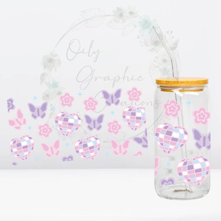 Oily Graphic Creations - Wholesale Sublimation Transfer - Butterflies Disco Hearts- 16oz UV DTF Wrap