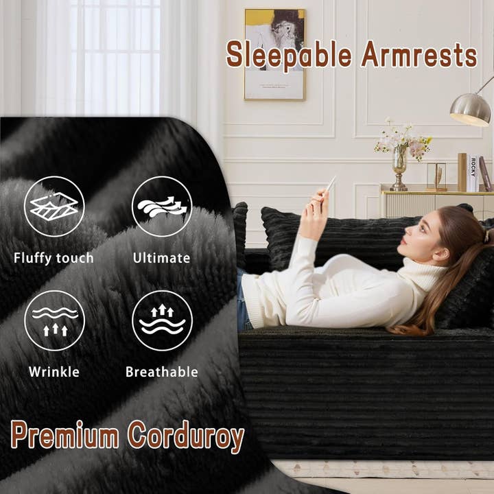 Jet Black 108 Inch L Shape Modular Sectional Sofa Corduroy Fabric For Living Room Comfort Everyday for wholesale on Faire6