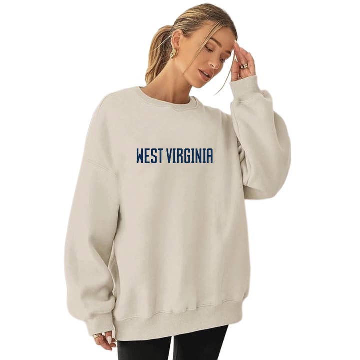 West Virginia Mountaineers Embroidered Taupe Crewneck for wholesale by Lojo Collegiate Apparel