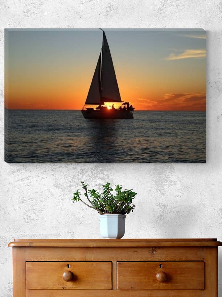 Sailing into Serenity - Canvas print of a sailboat at sunset for wholesale by Sherry Pfeifle Studio