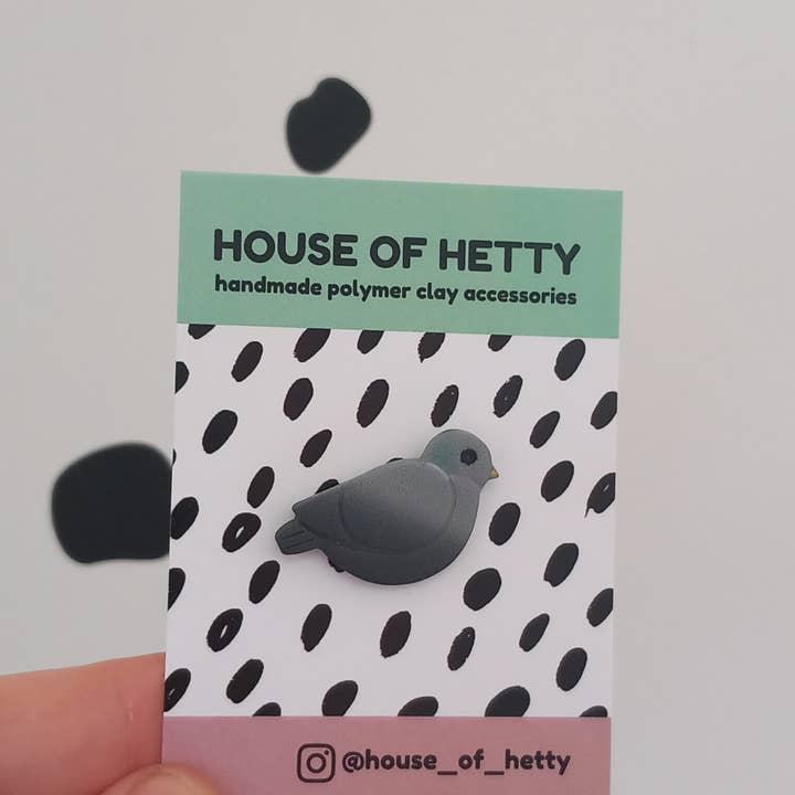 Cute pigeon polymer clay pin badge for wholesale by House of Hetty