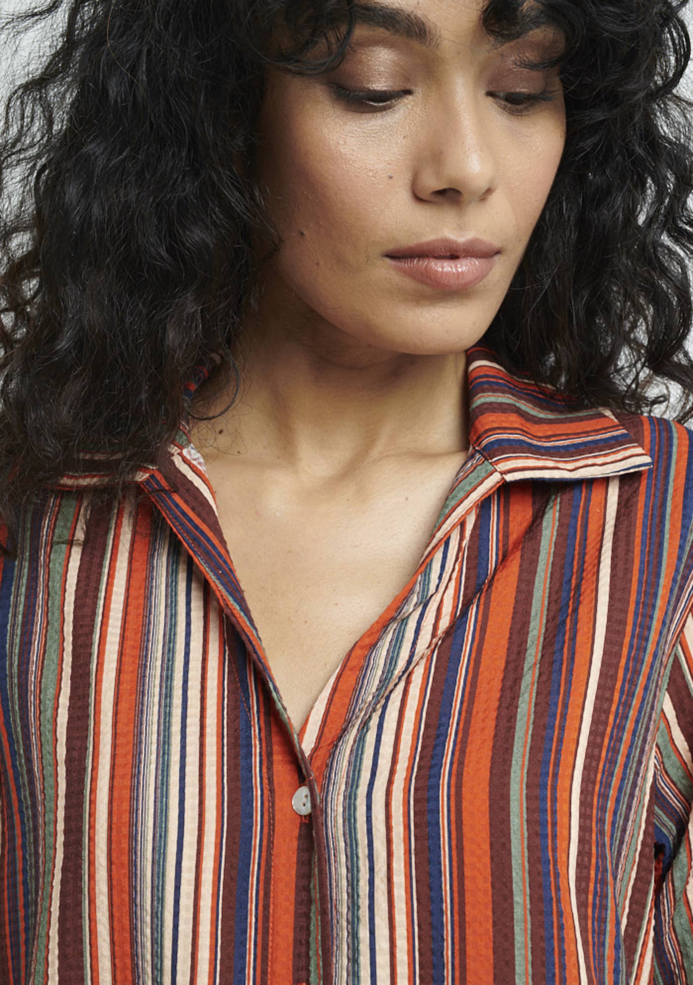 MADE IN SENS - Wholesale Button Down Shirt - Women's - Forest Brick Stripes Long Shirt2