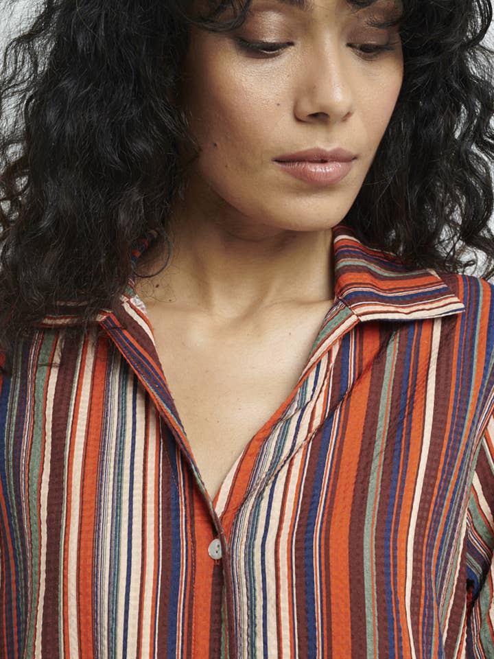 MADE IN SENS - Wholesale Button Down Shirt - Women's - Forest Brick Stripes Long Shirt2