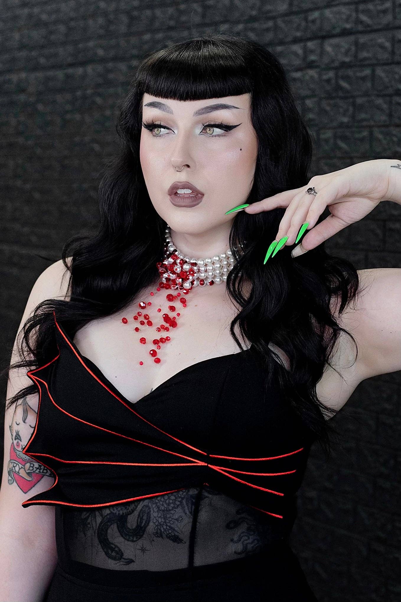 Weasel Wear - Wholesale Dress - Women's - Drac Bat Wing Cape Wiggle Dress - Black Ponte Wiggle Dress with Red Bat-Wing Cape & Mesh Cutout (Vampire Royalty Edition)4