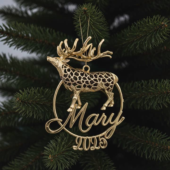 Adorno navideño de reno personalizado | decoración de árbol metálica en oro, plata o antiguo | juego de 2 o 4 para venta al por mayor de The Tangerine Store