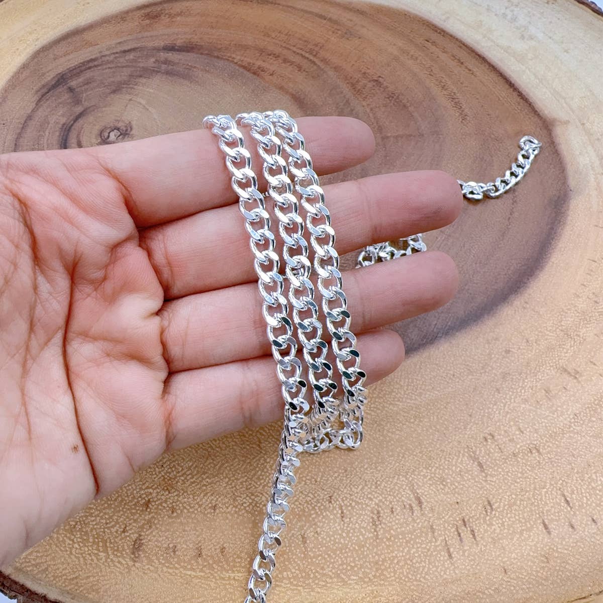 Beads Creation – wholesale Link & chain necklace – Shiny Silver Cuban Curb Chain by Foot, Bulk Roll Chain CH1031