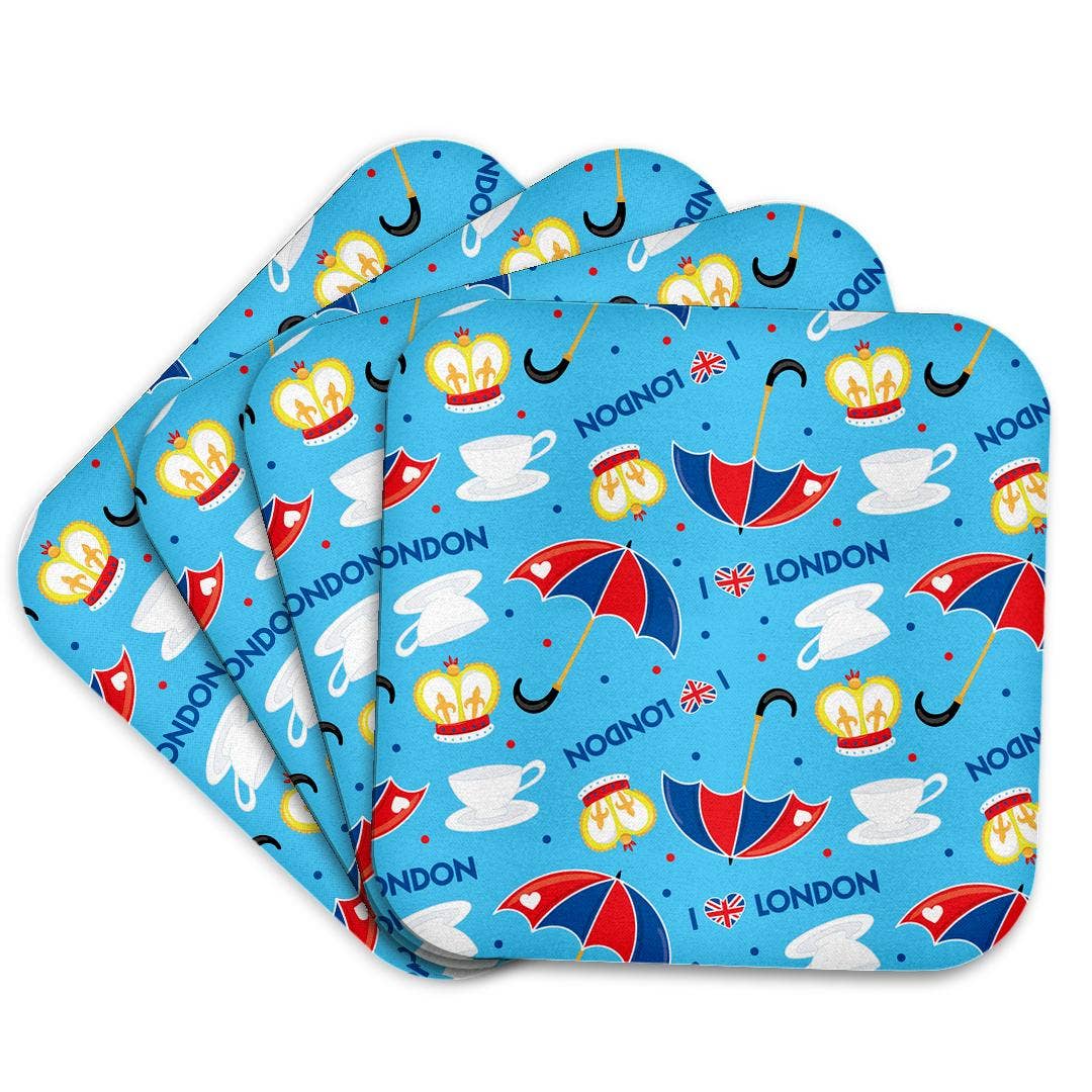 3dRose - Vendita all'ingrosso Sottobicchiere - 3dRose, Motivo Carino di Londra con Cuori, Ombrelli, Tè e Corone, Sottobicchiere7
