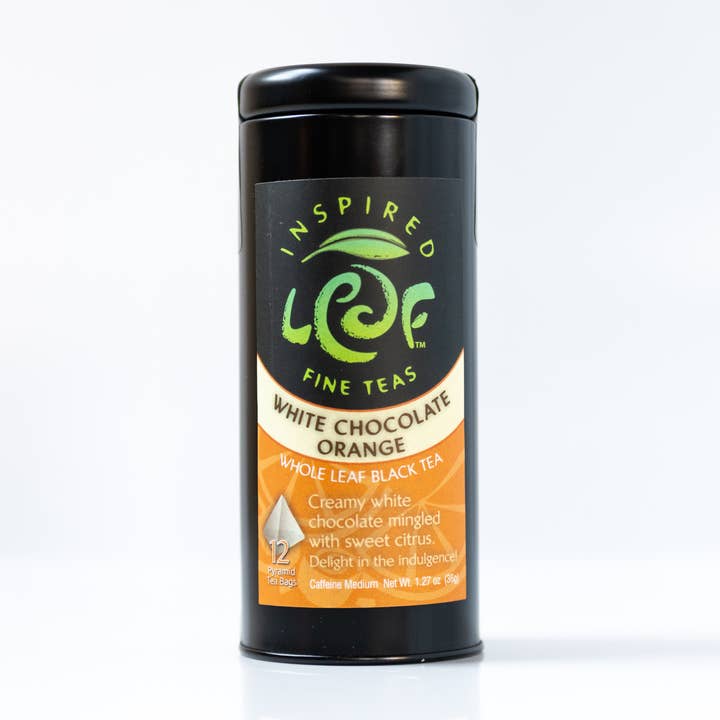 White Chocolate Orange Pyramid Tin for wholesale by Inspired Leaf Teas