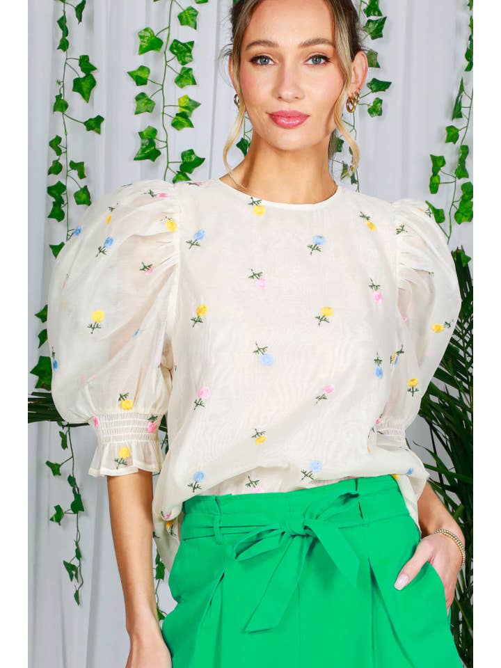 Vine & Love - Wholesale Blouse - Women's - Floral Embroidered Round Neck Organza Blouse Top VT82255-