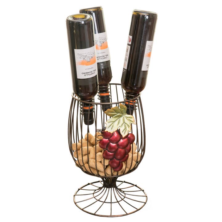 Wire Goblet Shaped Freestanding Wine Bottle and Cork Holder for wholesale by Quickway Imports