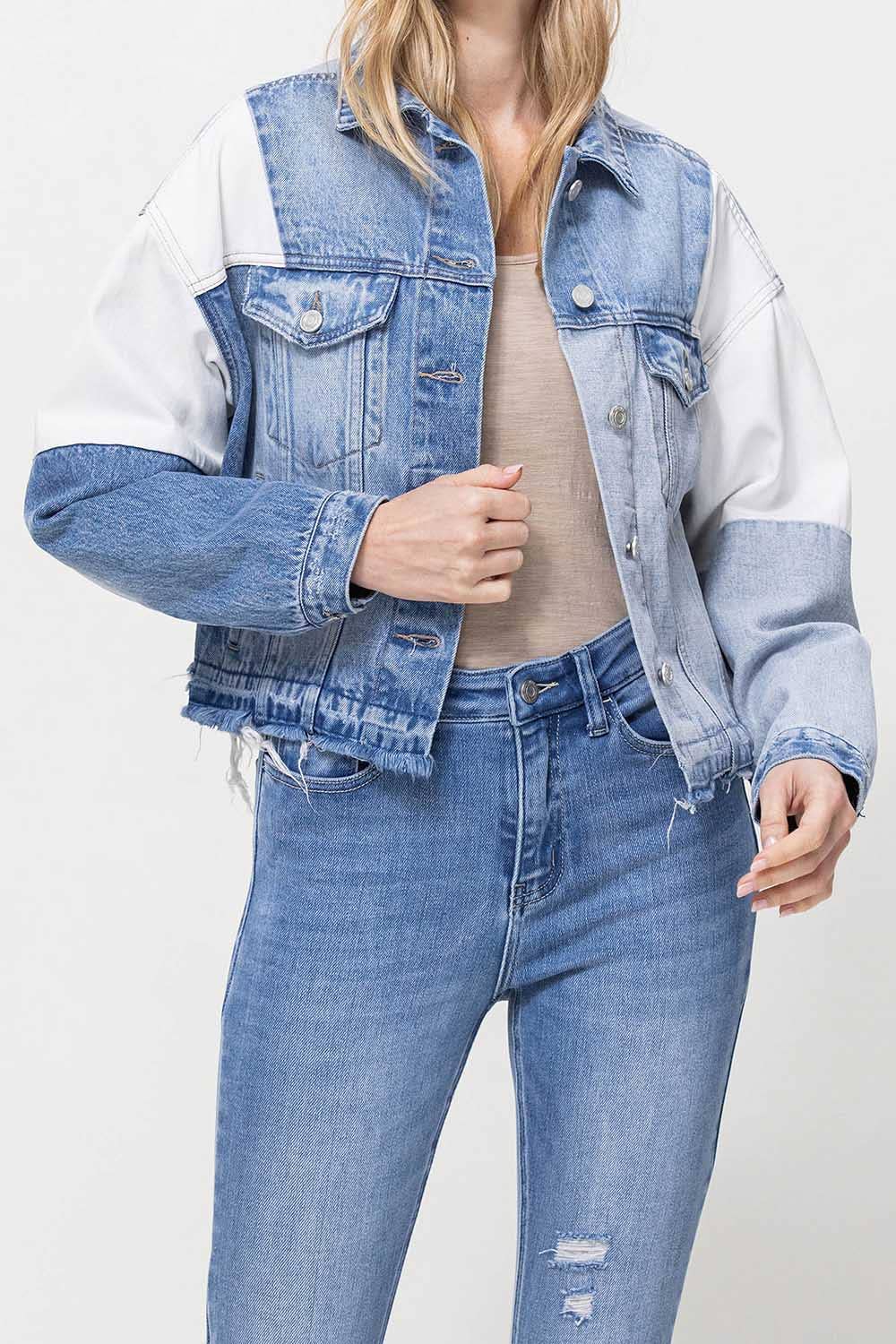 DENIM FARVEBLOK PATCHWORK OVERSIZE CROP DENIM JAKKE V2727J for engroshandel på Faire3
