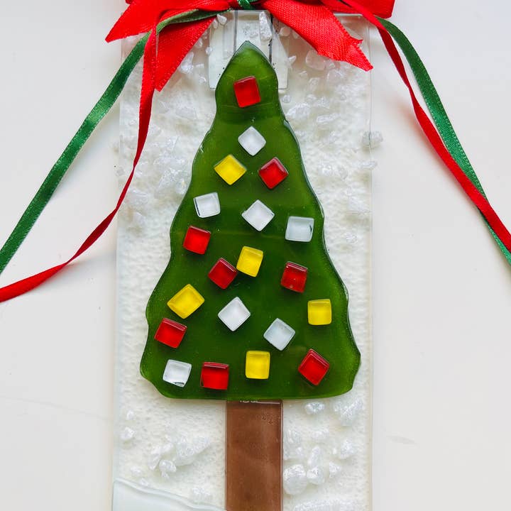 Décoration suspendue rectangulaire d'arbre de Noël en verre fusionné pour la vente par Loli