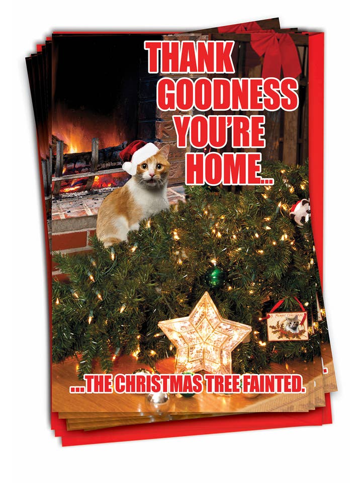 Låda med 12 julkort - Tree Fainted-Cat för wholesale av NobleWorks