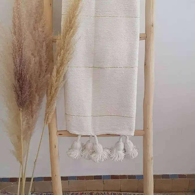 Moroccan Throw Blanket Golden Stripes with White Tassels for wholesale by Terracotta Design LTD